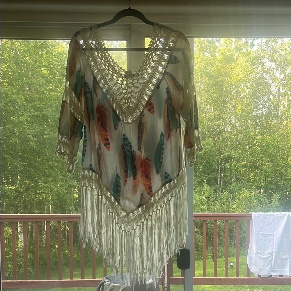 Bohemian Feather Print Camisole with Fringe